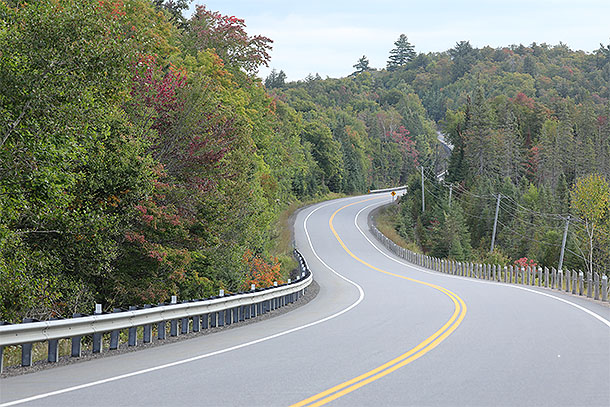 Highway 60 approaching the West Gate in Algonquin Park on September 11, 2023 