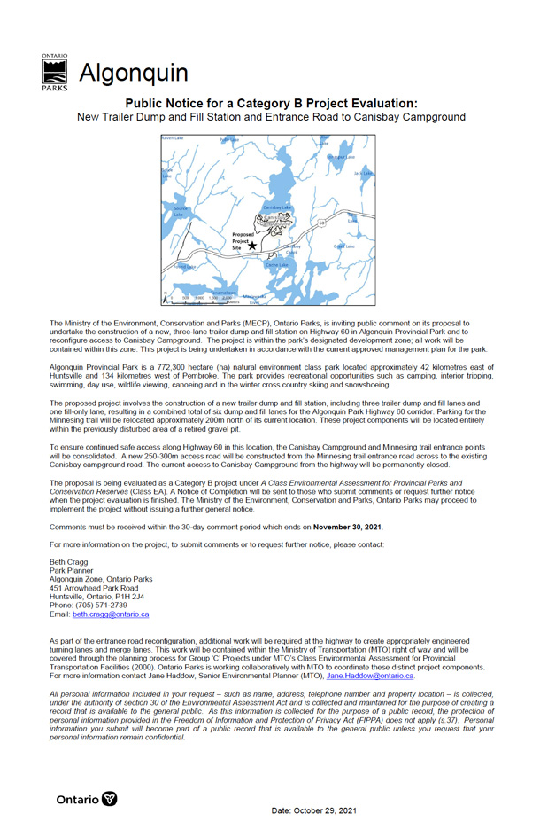 Click to enlarge Public Notice and Opportunity for Comment: New Trailer Dump and Fill Station and Entrance Road to Canisbay Lake Campground