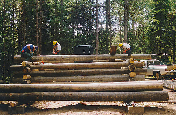 Image: Staff working with chainsaws to construct the log cabin around the donkey engine, Algonquin Logging Museum, 1998. APPAC, 2020.18.2.120, J. Mihell. 