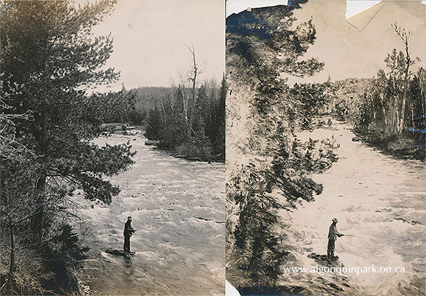Image: Left – Original photograph of V.B. Gray fly-fishing in White Partridge River, 1925. Right – Black and white photograph of a colour painting sent to V.B. Gray by W.S. Thompson, Canadian National Railway, November 16, 1925. APPAC, x2024.4.1-77. 