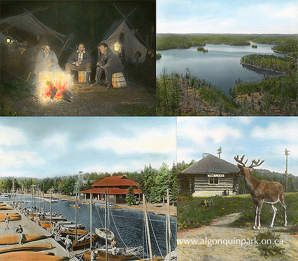 Image: A collection of painted glass lantern slides, c. 1920s – 1940s. An artist has added colour to the original black and white images captured by the camera. Clockwise from top left: three men sit around a fire at their campsite; the view of Cache Lake from the fire tower at Skymount; the docks and buildings of Camp Ahmek, Canoe Lake; “Billy the deer” standing with Joe Lake Station in the background. APPAC, 1976.98.44-47, Collection of Luta and Fletcher Calvert. 