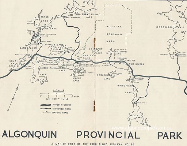 Image: Map of part of Algonquin Provincial Park along Highway 60, from the &ldquo;Nature Program&rdquo; booklet, c. 1949 &ndash; 1952. The booklet describes the trails to visitors: &ldquo;The entrances to the nature trails are marked along the highway. Here the visitor will find the trees and plants labelled as well as other interesting items of natural history. Please do not pick or destroy the plants along the trail and do not litter the woods with lunch papers, cigarette packages, etc. &hellip; Leave the trails so that others also may enjoy them.&rdquo; APPAC, 2023.23.1. 