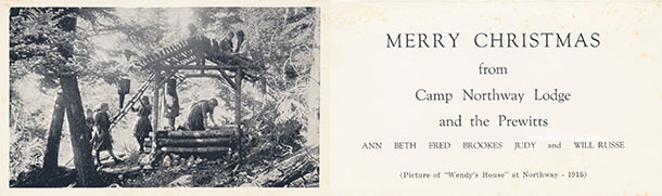 Image: Camp Northway Lodge Christmas card, c. 1950s &ndash; 1970s featuring a 1915 historical image from the camp. APPAC, 2016.18.171.1, Pollee Menoher Phipps Collection.