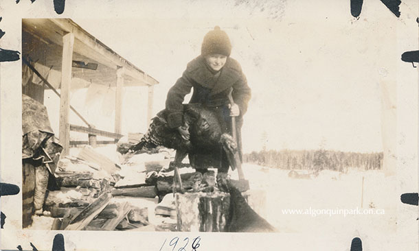 Image: Holiday feasts were prepared throughout the small communities in Algonquin Park. This 1926 picture of Mary McCormick as a young girl living with her family at Brule illustrates the centrepiece to most traditional holiday meals. APPAC, 2022.12.103, McCormick and Pigeon Family.