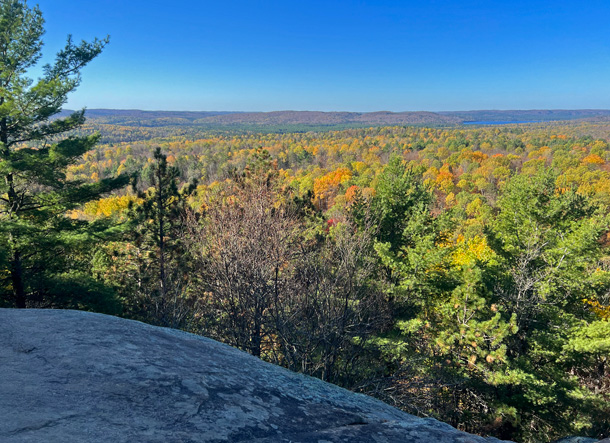 Fall colour at the Lookout Trail in Algonquin Park on October12, 2025. (Click image to enlarge.)