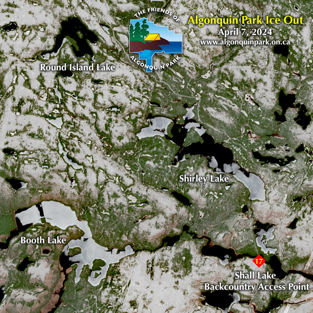 Imagery from April 7, 2024, shows lakes in a variety of ice out stages in Algonquin Park.